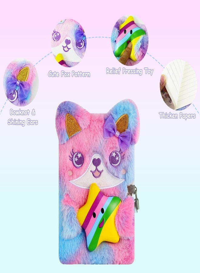 YankMooM Fox Diary with Lock for Girls, Blue Secret Kids Journal with Relief Pressing Toy Hardcover Fluffy Tie-Dye Notebook for Writing and Drawing - Image 3
